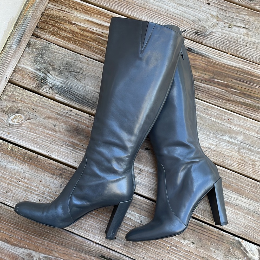 Kenneth Cole Gray Leather Tall Heeled Boots "Skyscraper" Size 9.5